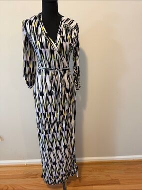 Calvin Klein Black, White & Yellow Geometric Maxi Wrap Dress
